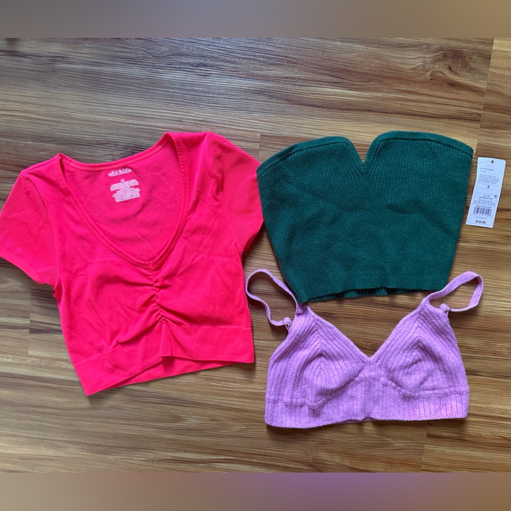 Free People Pink Crop, Green Strapless Crop and Neon Pink Crop Set-XS